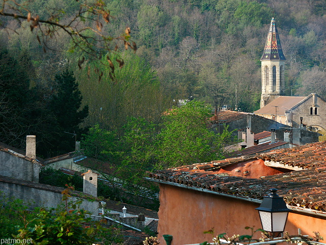 Photo of church and roofs of Collobrieres a Provence village in Massif des Maures