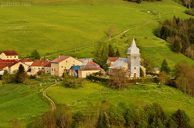 Image of the village and church of Les Bouchoux in french Jura
