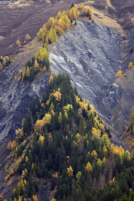 Picture with eroded slopes and mountain forest in Savoie