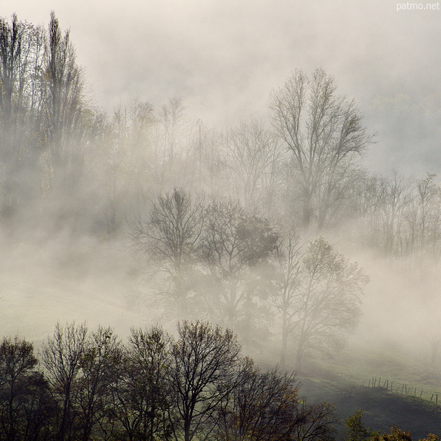 Photograph of a misty autumn morning in the french countryside