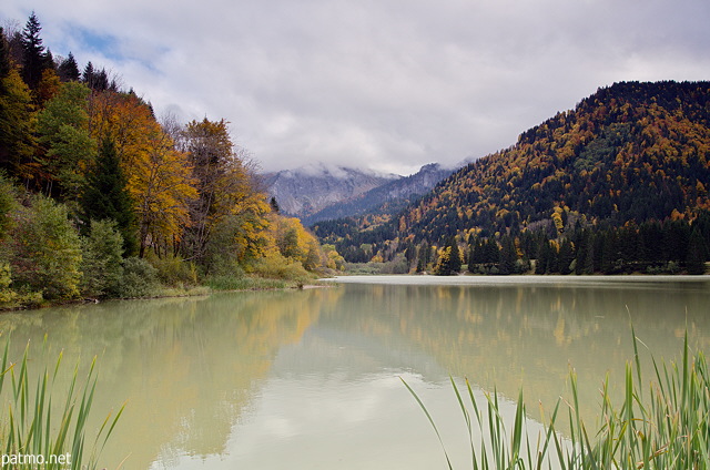 Image du lac de vallon sous un ciel couvert en entour de forts colores par l'automne